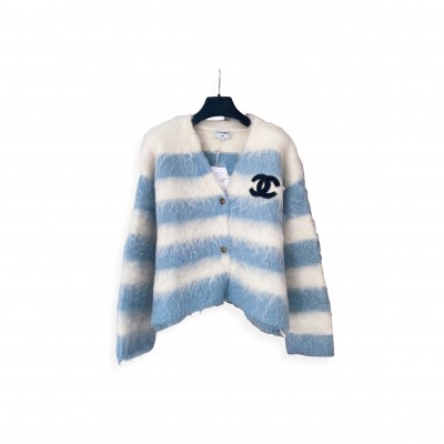 CHANEL MOHAIR V-NECK COLOR-BLOCKED STRIPED LONG-SLEEVED CARDIGAN 